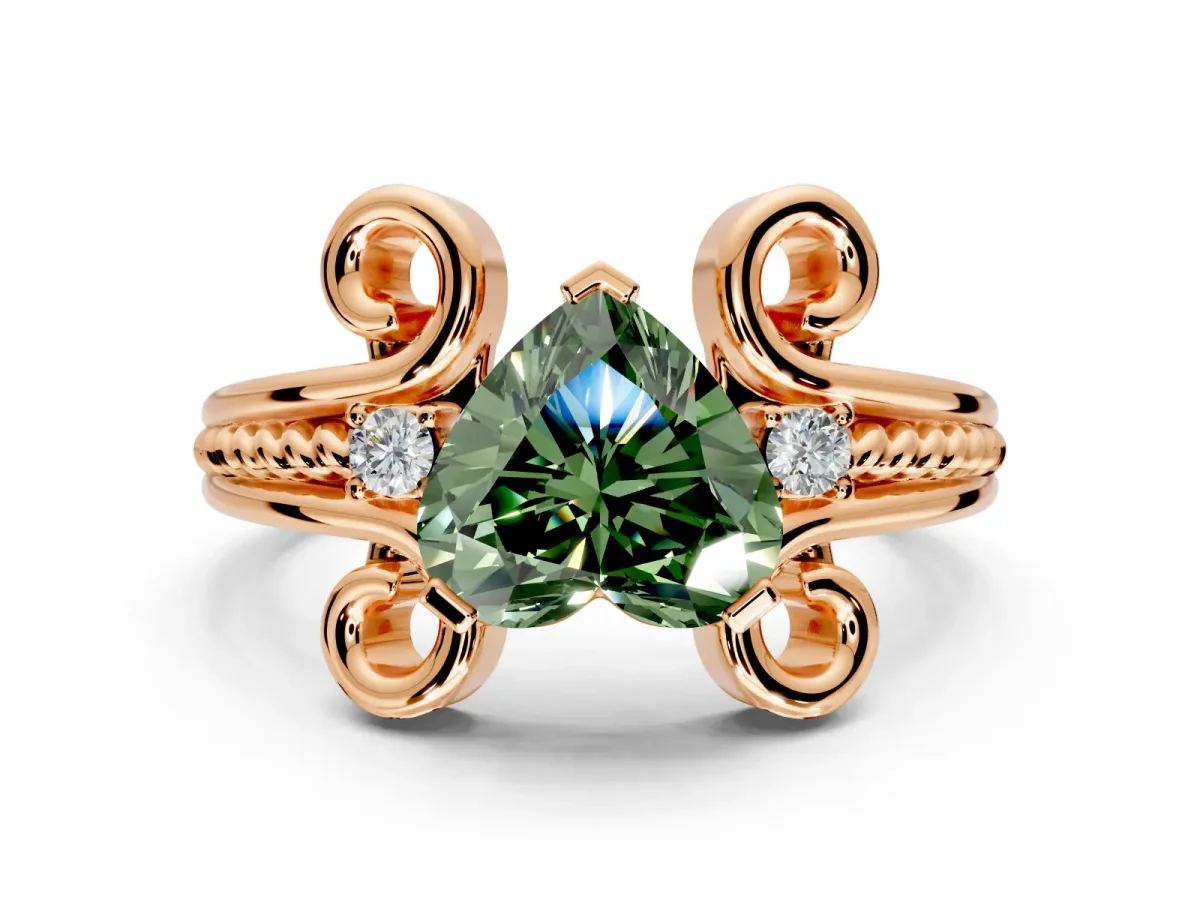 Solitaire Engagement Ring Setting for Fancy Green Heart-Shaped Center with Twisted Band and Scroll Prong Head in Rose Gold