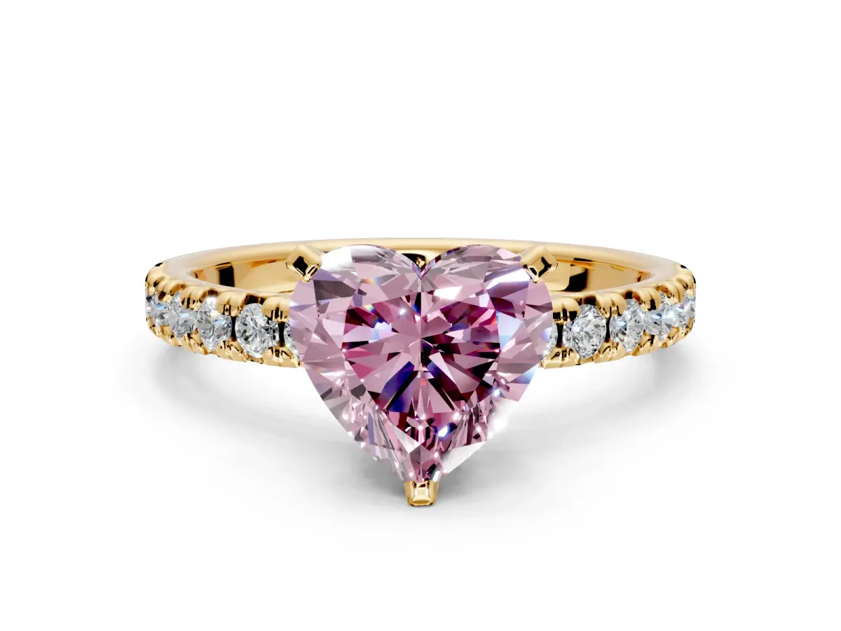 Solitaire Engagement Ring Setting for Fancy Pink Heart-Shaped Center with Large Accents and Prong Head in Yellow Gold