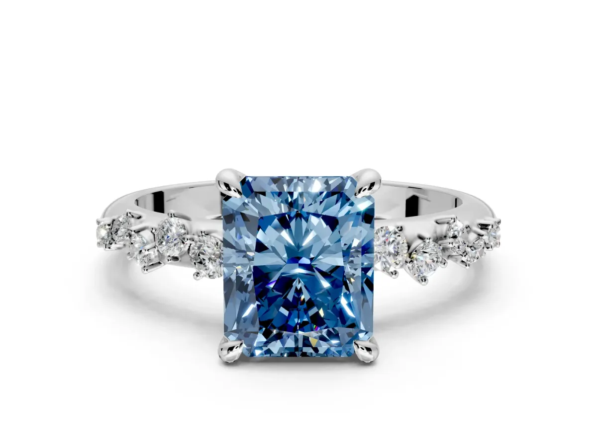 Solitaire Engagement Ring Setting for Fancy Blue Radiant Cut Center with Trailing Leaf Accent Band and Prong Head in Sterling Silver