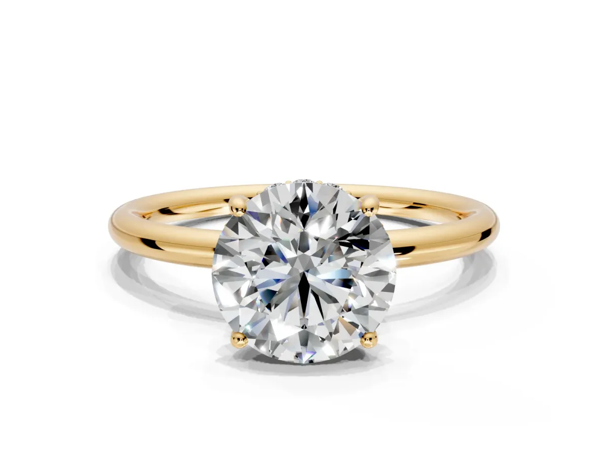 Solitaire Engagement Ring Setting for Round Cut Center with Plain Band, Open Basket and Prong Head in Yellow Gold