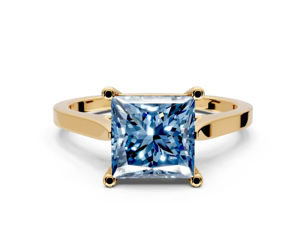 Solitaire Engagement Ring Setting for Fancy Blue Princess Cut Center with Tapered Shoulders and Prong Head in Yellow Gold
