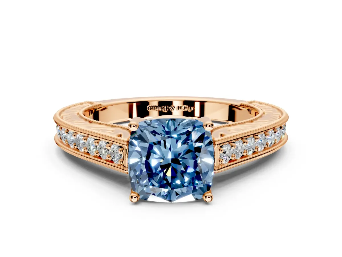 Solitaire Engagement Ring Setting for Fancy Blue Cushion Cut Center with Engraved Pave Band and Prong Head in Rose Gold
