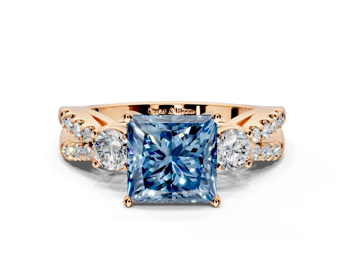 3 Stone Engagement Ring Setting for Fancy Blue Princess Cut Center with Pave Split Shank and Prong Head in Rose Gold