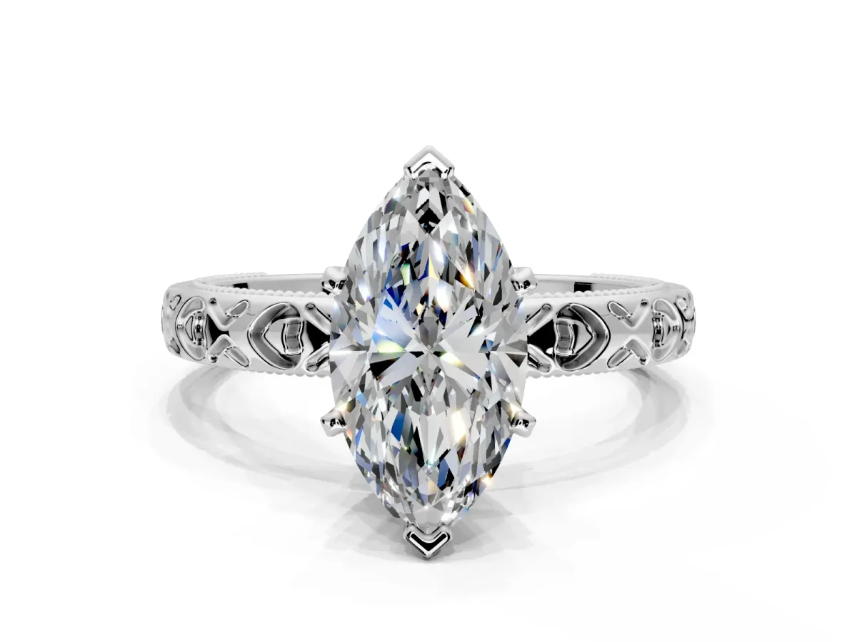 Solitaire Engagement Ring Setting for Marquise Center with XO Engraved Band and Prong Head in Sterling Silver