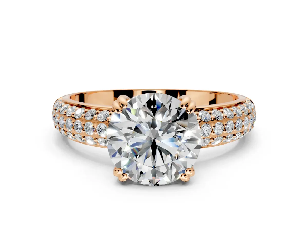 Solitaire Engagement Ring Setting for Round Cut Center with Multi-Row Pave Accents and Basket Head in Rose Gold