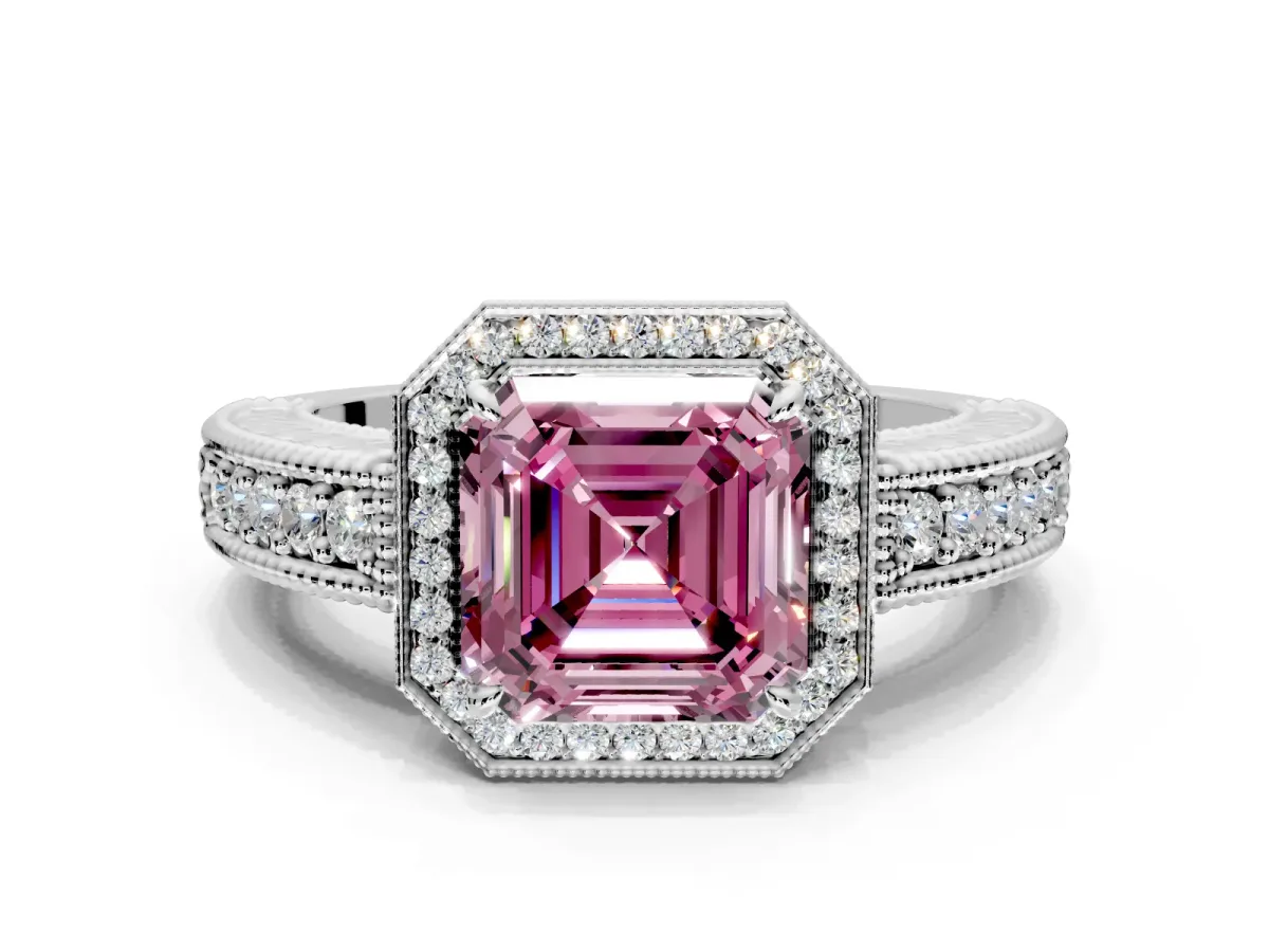 Milgrain Halo Engagement Ring Setting for Fancy Pink Asscher Cut Center with Pave Band and Prong Head in White Gold