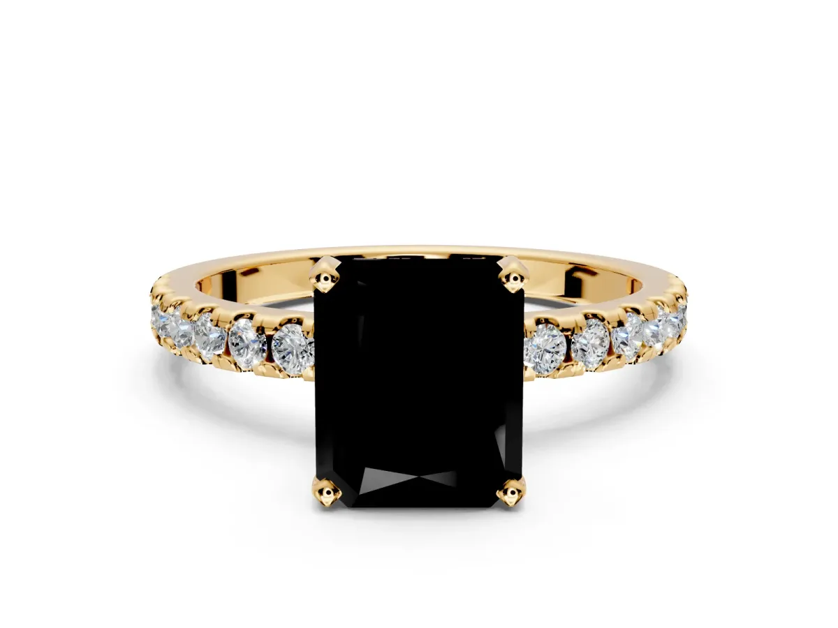 Solitaire Engagement Ring Setting for Fancy Black Radiant Cut Center with Band of Accents and Prong Head in Yellow Gold