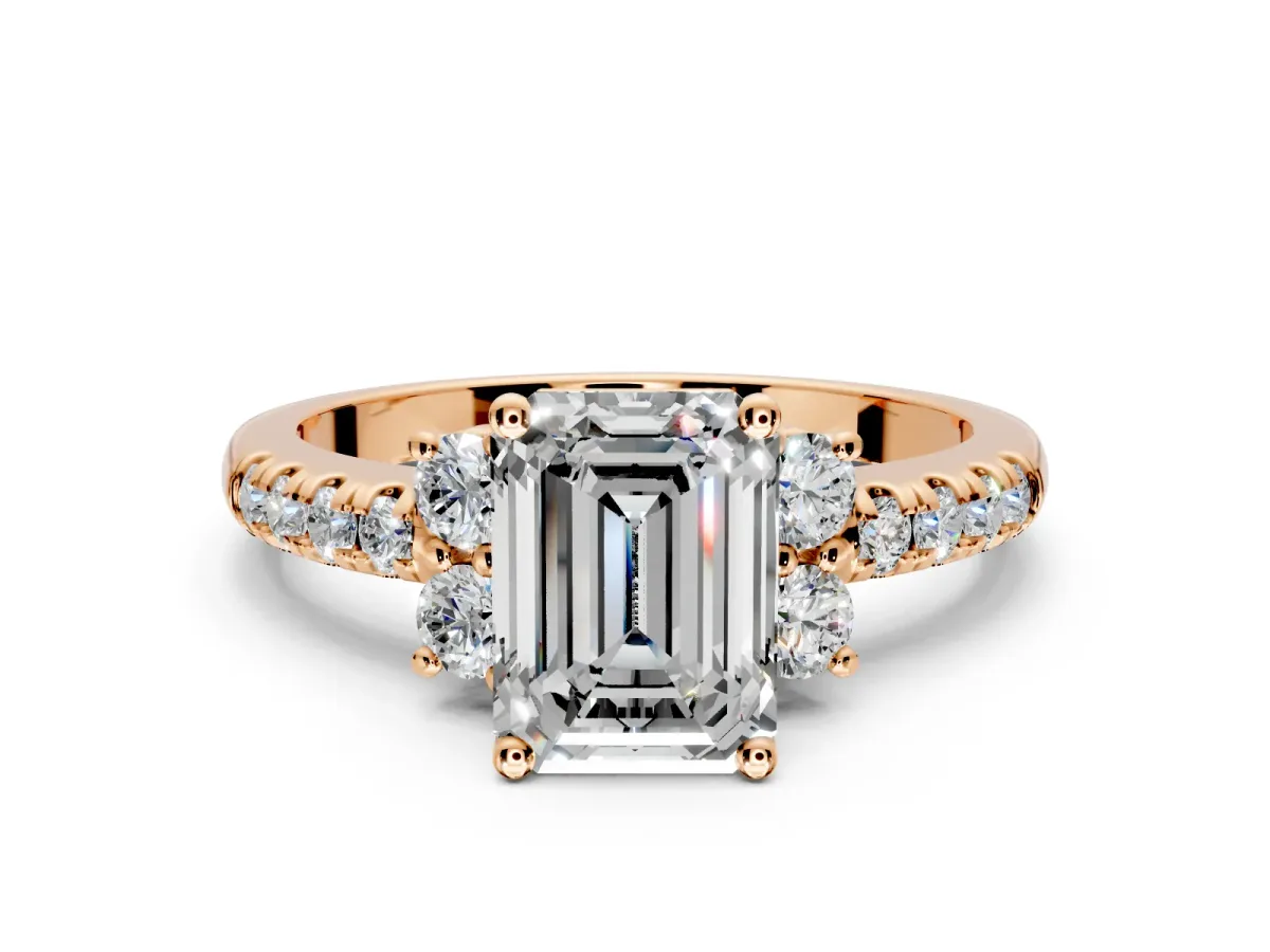 Paired Accent Engagement Ring Setting for Emerald Cut Center with Pave Band and Prong Head in Rose Gold