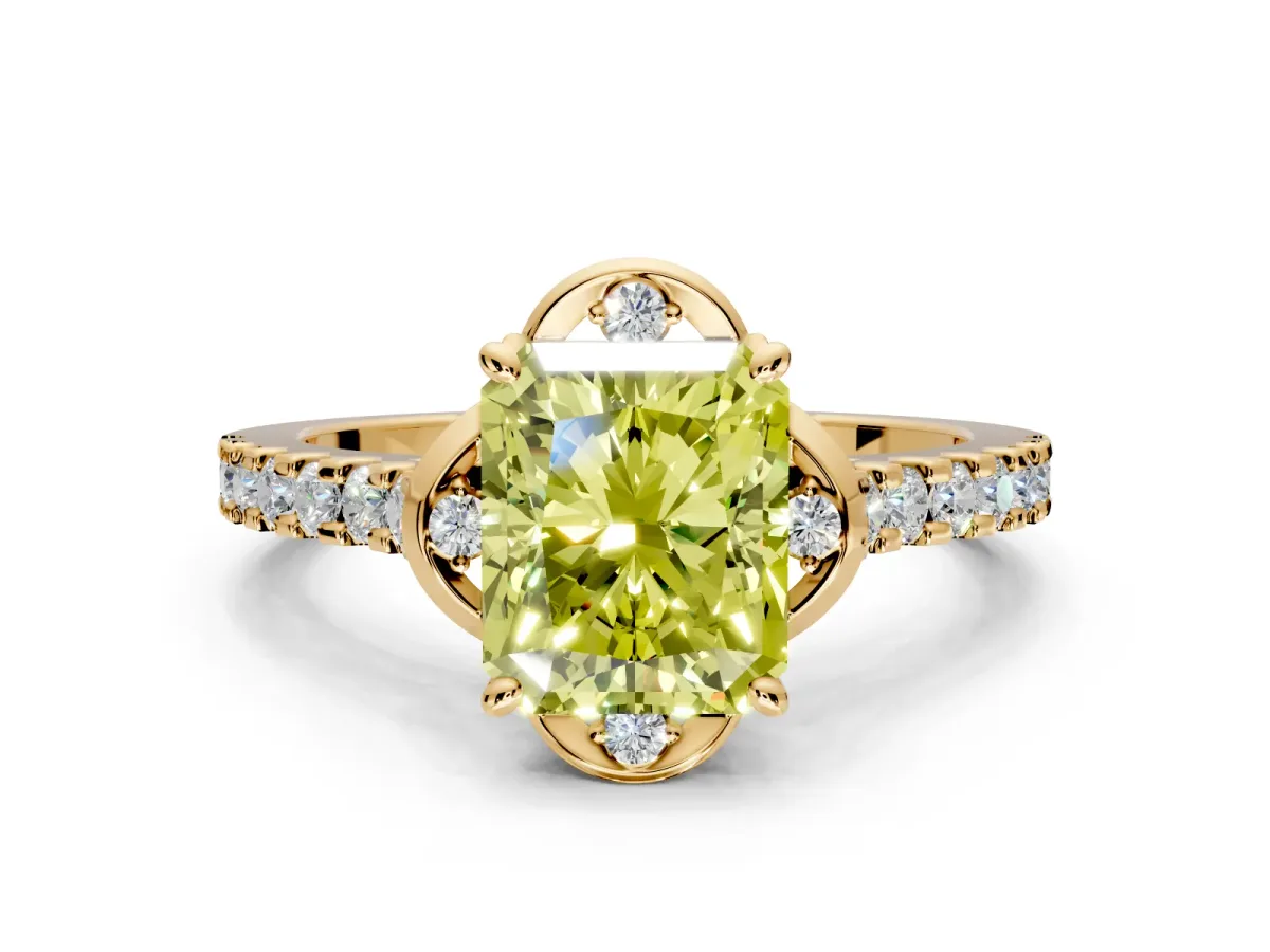 Floral Engagement Ring Setting for Fancy Yellow Radiant Cut Center with Pave Band and Floral Prong Head in Yellow Gold