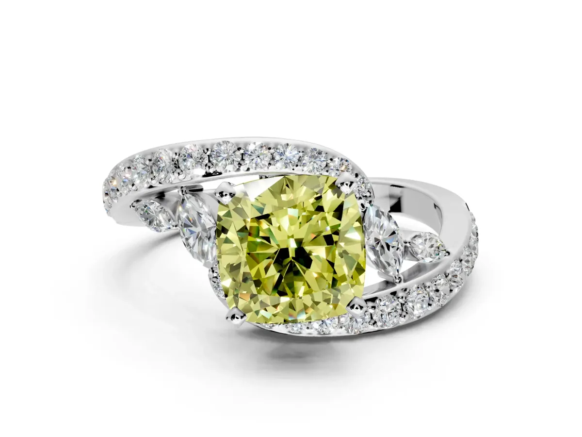 Solitaire Engagement Ring Setting for Fancy Yellow Cushion Cut Center with Filigree Band and Prong Head in White Gold
