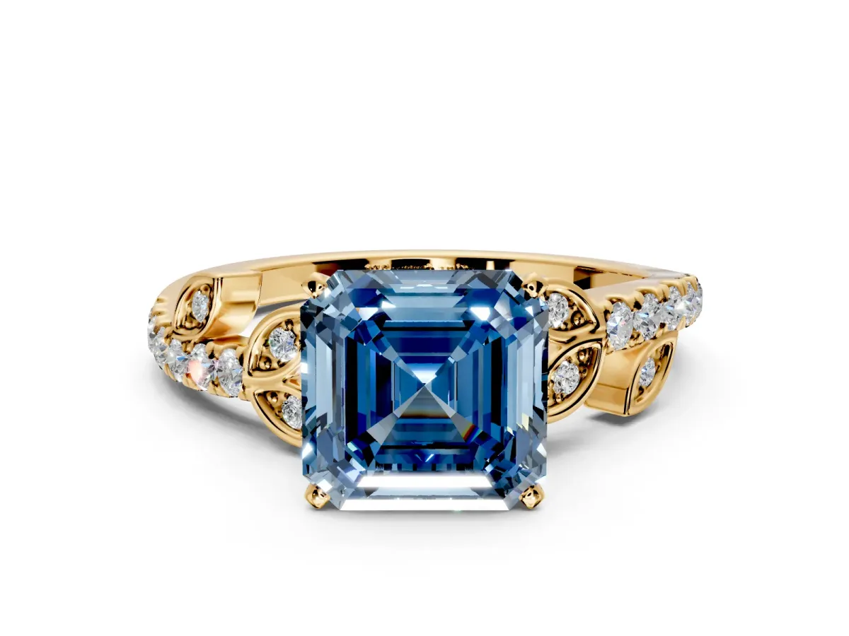 Leaf Motif Engagement Ring Setting for Fancy Blue Asscher Cut Center with Pave Band and Prong Head in Yellow Gold