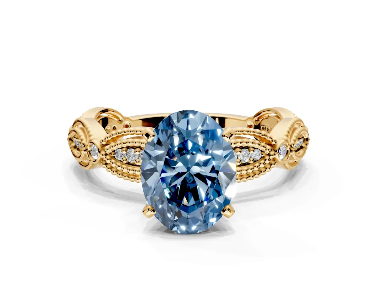 Solitaire Engagement Ring Setting for Fancy Blue Oval Center with Marquise Panel Band and Prong Head in Yellow Gold
