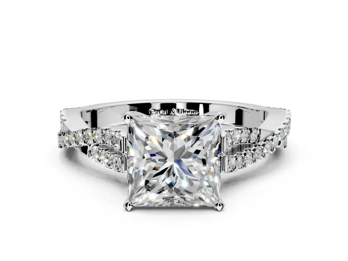 Solitaire Engagement Ring Setting for Princess Cut Center with Twisted Pave Split Shank and Prong Head in Platinum