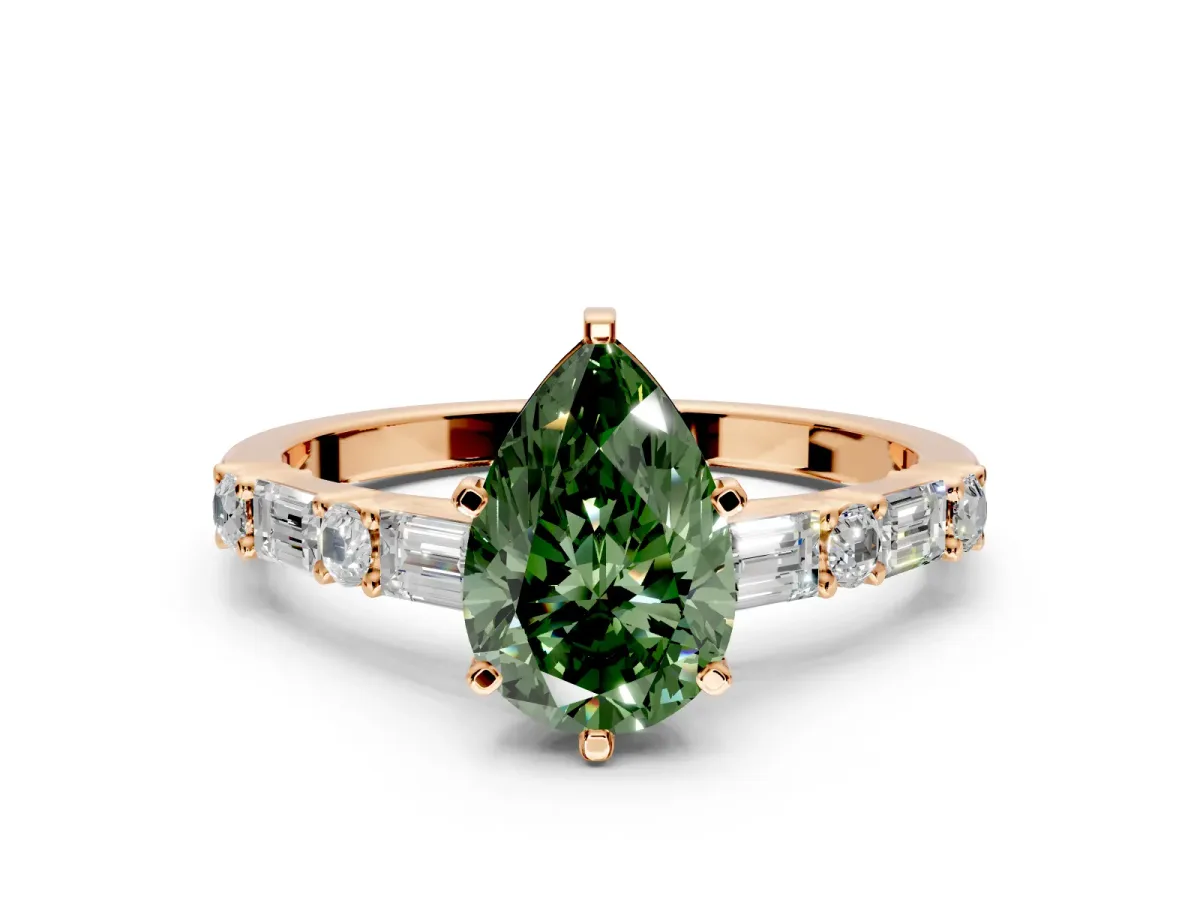 Baguette Engagement Ring Setting for Fancy Green Pear-Shaped Center with Alternating Bar-Set Band and Prong Head in Rose Gold