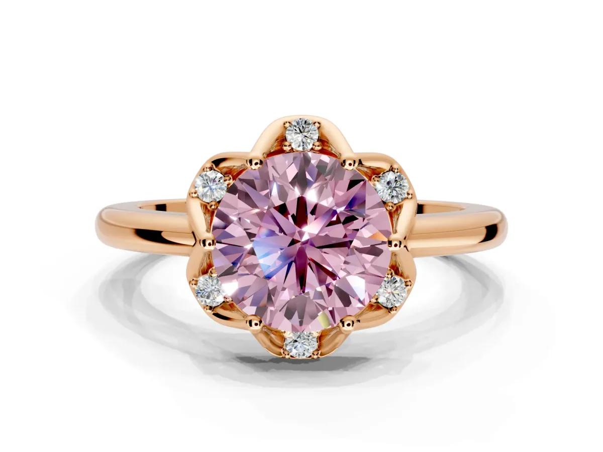 Floral Frame Engagement Ring Setting for Fancy Pink Round Cut Center with Accent Clusters and Prong Head in Rose Gold