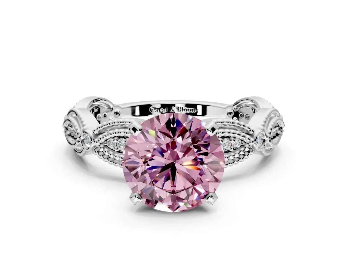 Solitaire Engagement Ring Setting for Fancy Pink Round Cut Center with Marquise Panel Band and Prong Head in Platinum