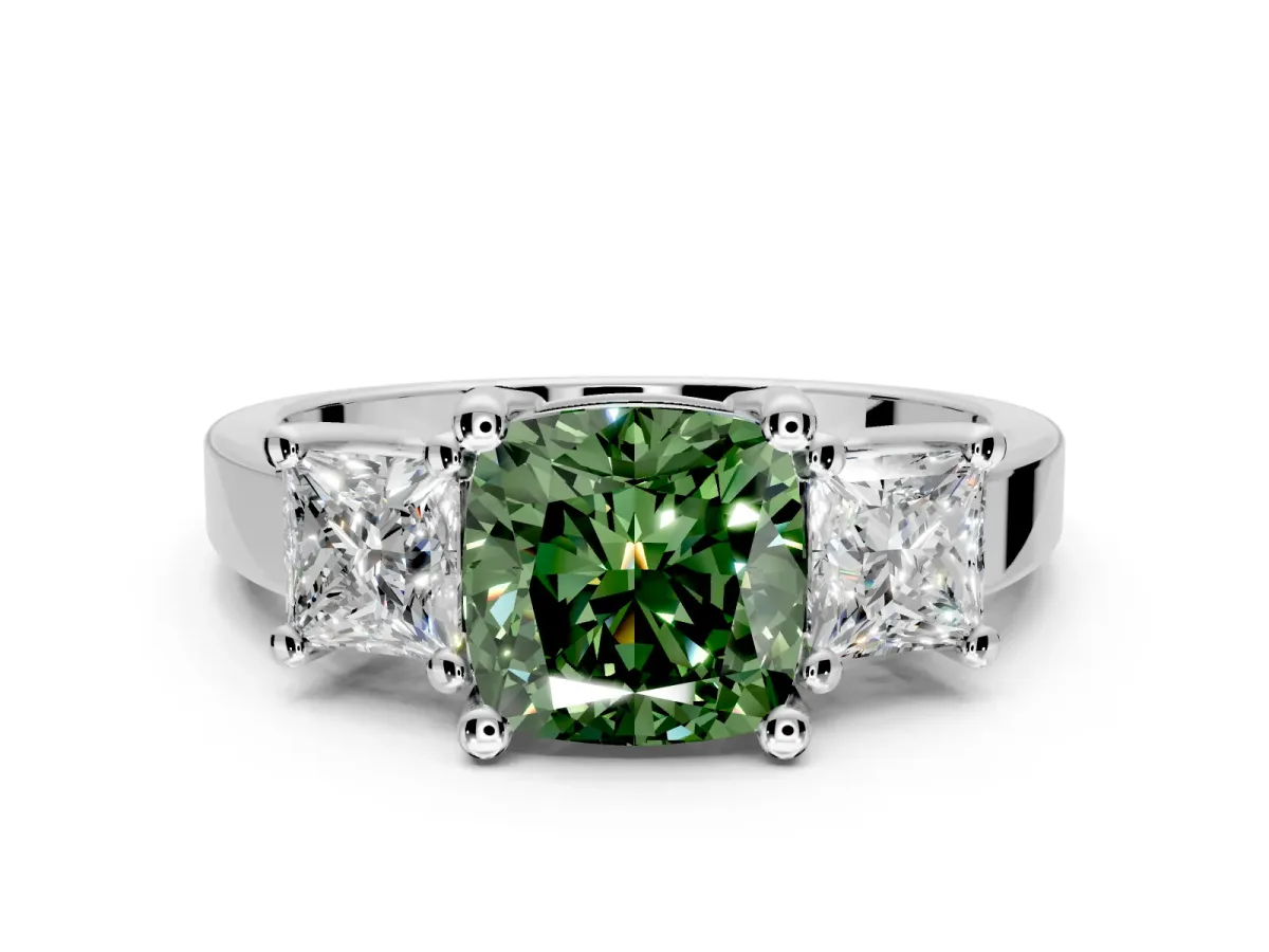 3 Stone Engagement Ring Setting for Fancy Green Cushion Cut Center with Matching Side Accents and Prong Head in Platinum