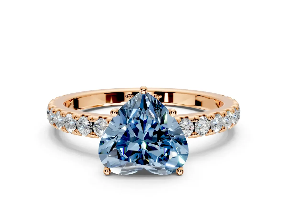Solitaire Engagement Ring Setting for Fancy Blue Heart-Shaped Center with Large Accent Band and Prong Head in Rose Gold