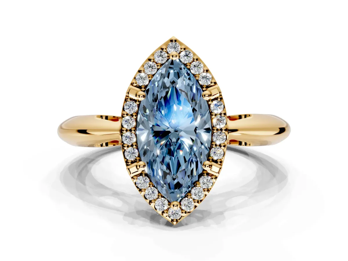 Halo Engagement Ring Setting for Fancy Blue Marquise Center with Tapered Plain Band and Prong Head in Yellow Gold
