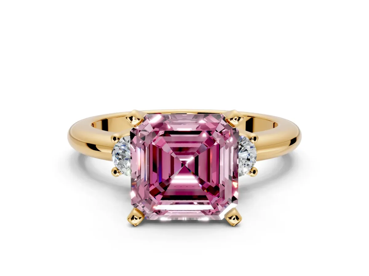 3 Stone Engagement Ring Setting for Fancy Pink Asscher Cut Center with Wide Plain Band and Prong Head in Yellow Gold