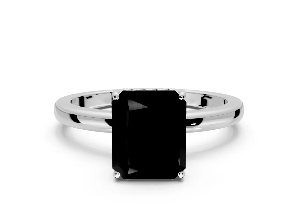 Solitaire Engagement Ring Setting for Fancy Black Radiant Cut Center with Fine Wire Band and Prong Head in Sterling Silver