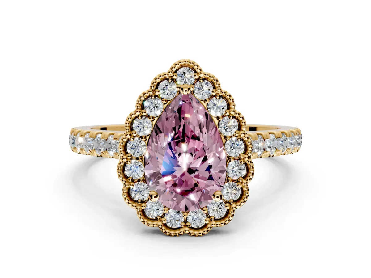 Milgrain Floral Halo Engagement Ring Setting for Fancy Pink Pear-Shaped Center with Pave Band and Prong Head in Yellow Gold
