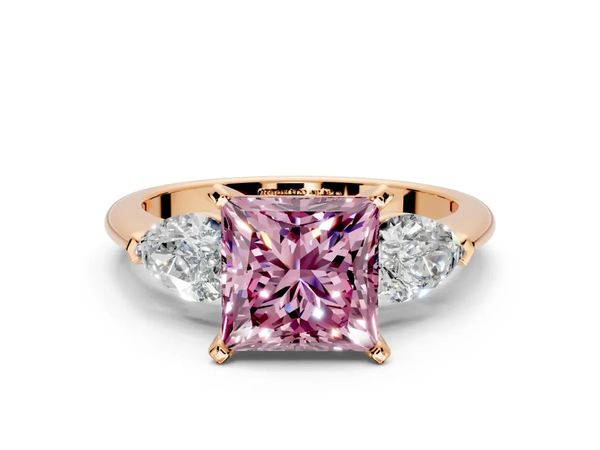 3 Stone Engagement Ring Setting for Fancy Pink Princess Cut Center with Large Pear-Shaped Accents and Prong Head in Rose Gold