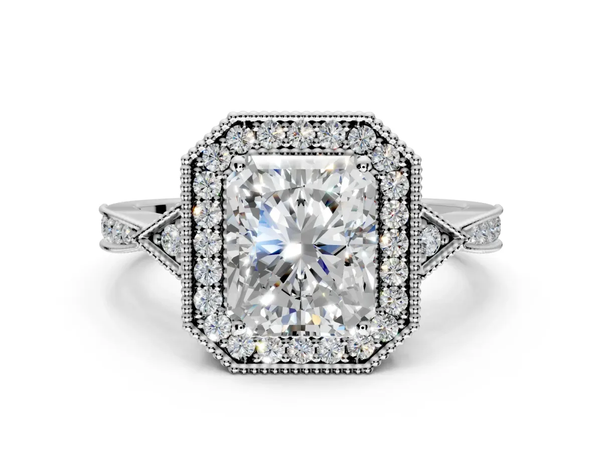 Halo Engagement Ring Setting for Radiant Cut Center with Milgrain Rim, Pave Band and Prong Head in Platinum
