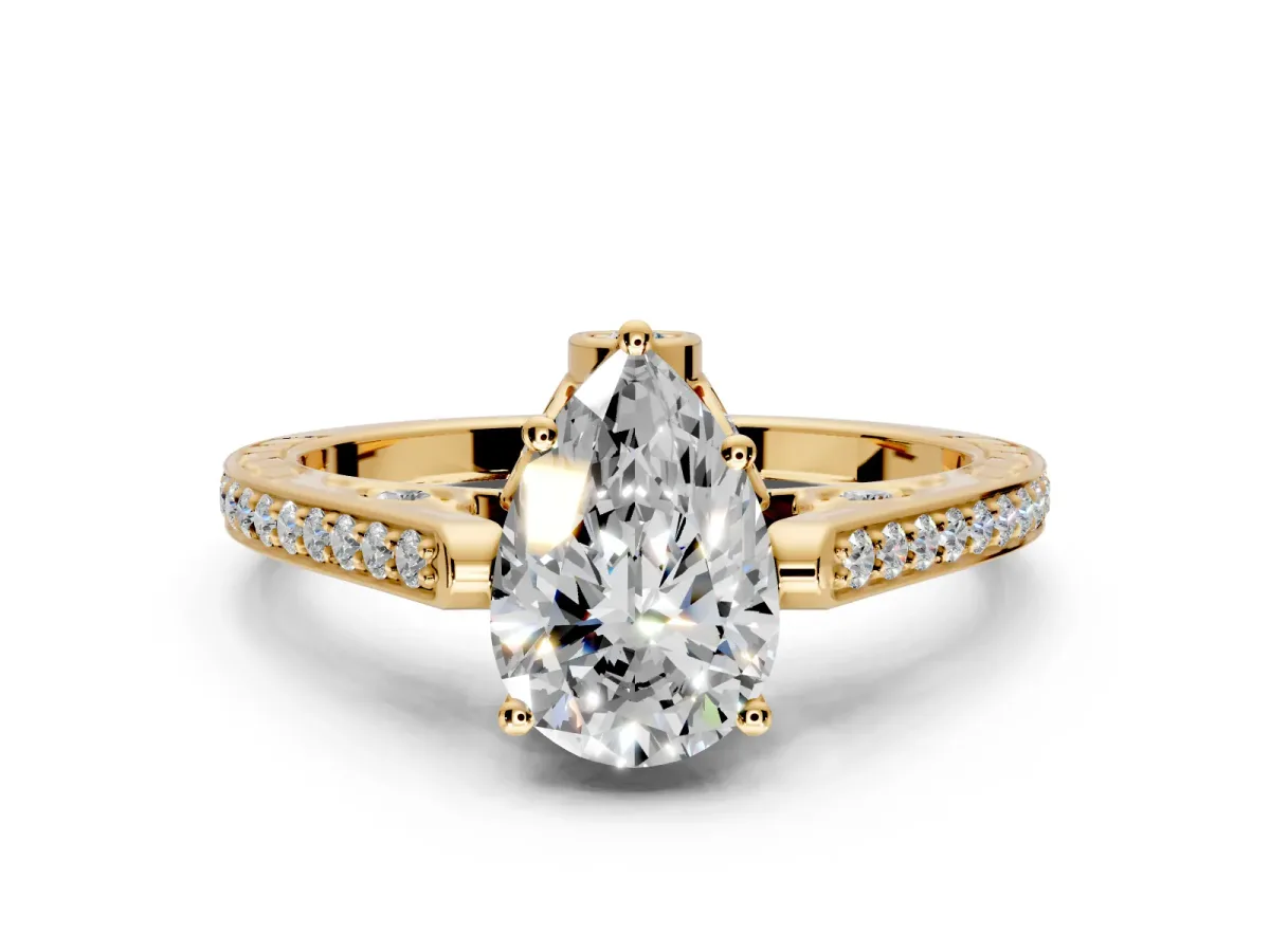 Cathedral Engagement Ring Setting for Pear-Shaped Center with Antique-Style Pave Band and Prong Head in Yellow Gold
