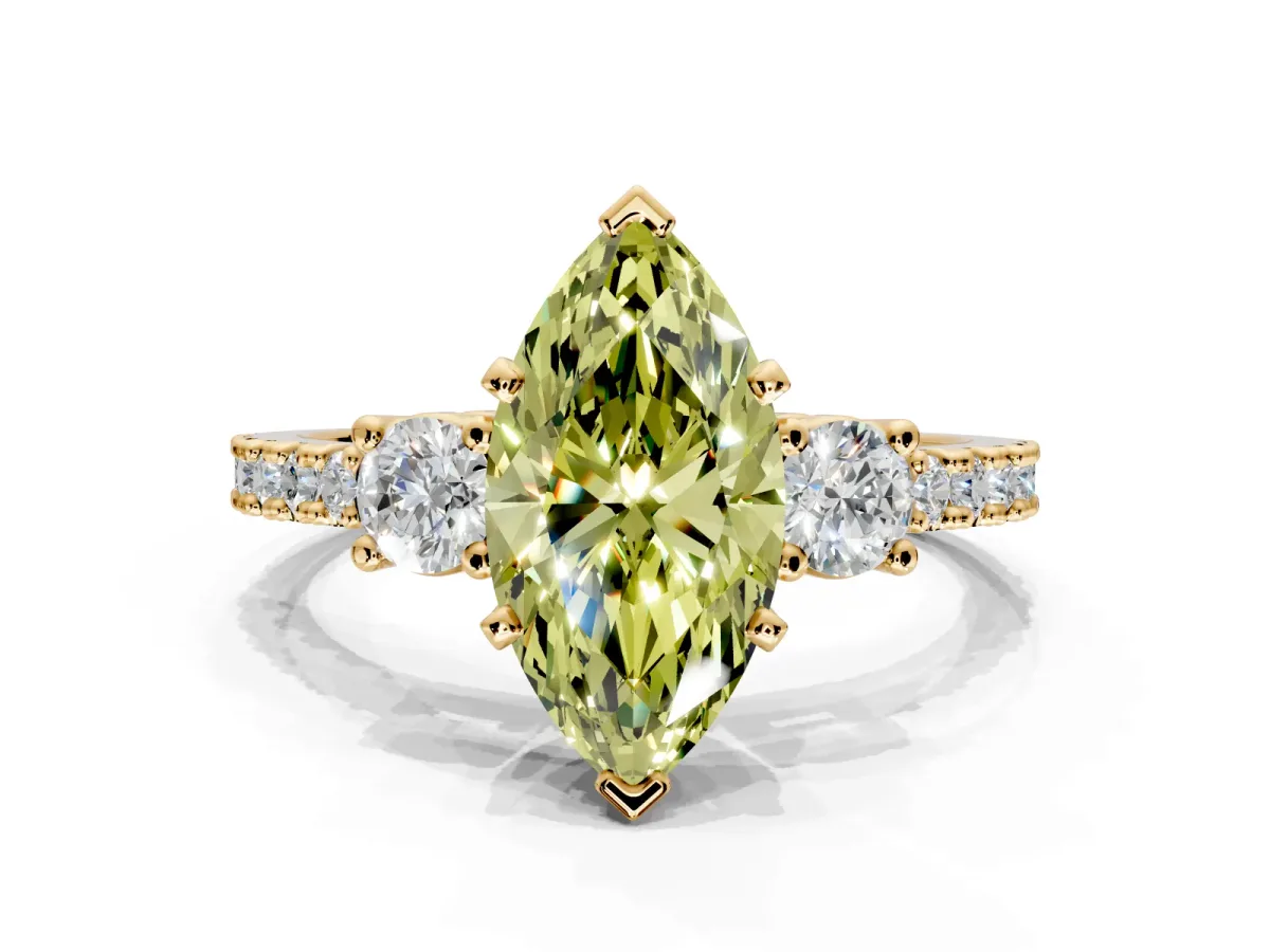 3 Stone Engagement Ring Setting for Fancy Yellow Marquise Center with Round Cut Side Accents and Prong Head in Yellow Gold