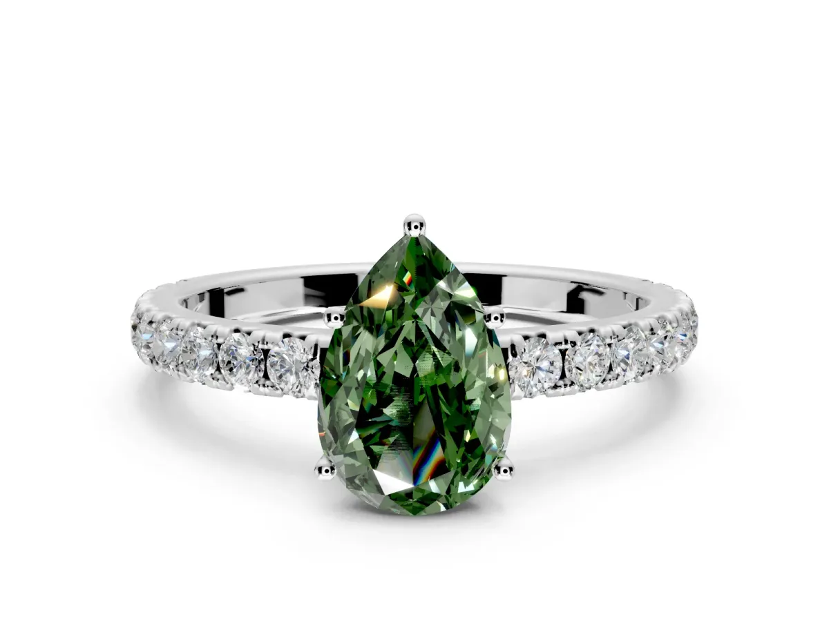 Solitaire Engagement Ring Setting for Fancy Green Pear-Shaped Center with Large Accent Band and Prong Head in Platinum