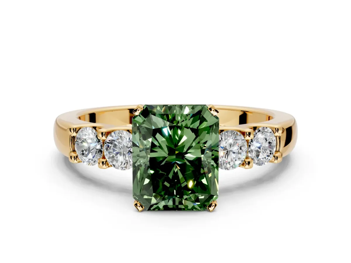 5 Stone Engagement Ring Setting for Fancy Green Radiant Cut Center with Plain Band and Prong Head in Yellow Gold