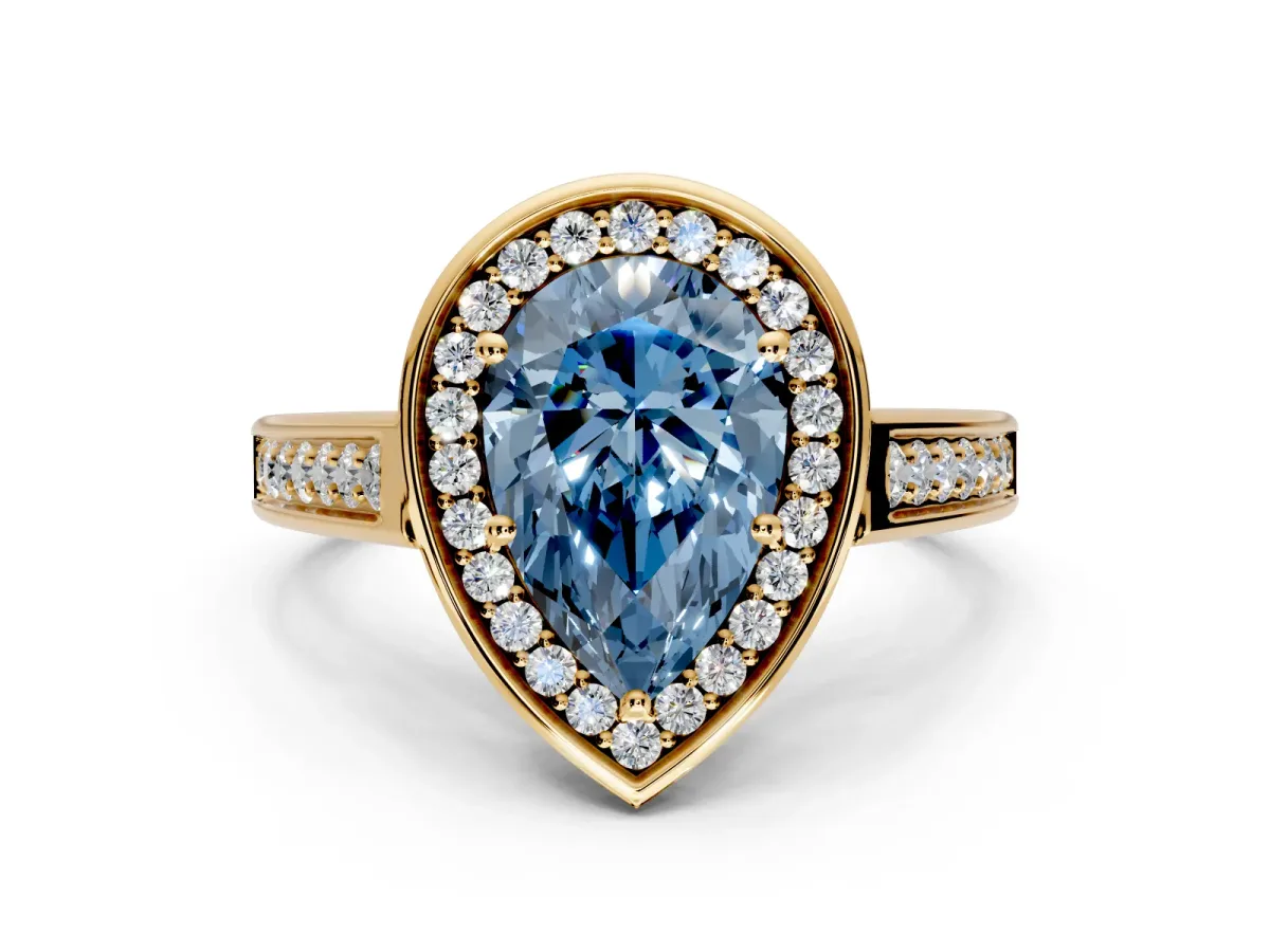 Halo Engagement Ring Setting for Fancy Blue Pear-Shaped Center with Outer Bezel Rim, Pave Band and Prong Head in Yellow Gold