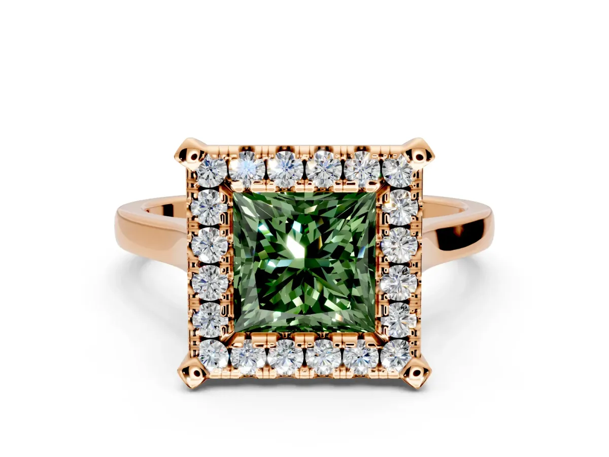 Single Halo Engagement Ring Setting for Fancy Green Princess Cut Center with Corner Claws, Plain Band and Prong Head in Rose Gold