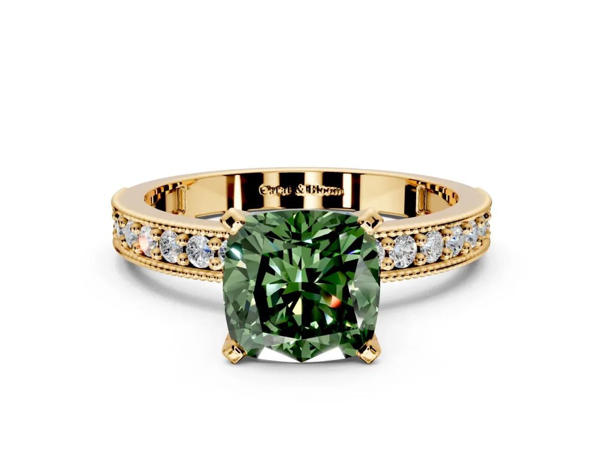 Milgrain Pave Engagement Ring Setting for Fancy Green Cushion Cut Center with Accent Band and Prong Head in Yellow Gold