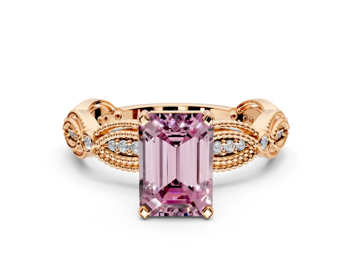 Solitaire Engagement Ring Setting for Fancy Pink Emerald Cut Center with Marquise Panel Band and Prong Head in Rose Gold