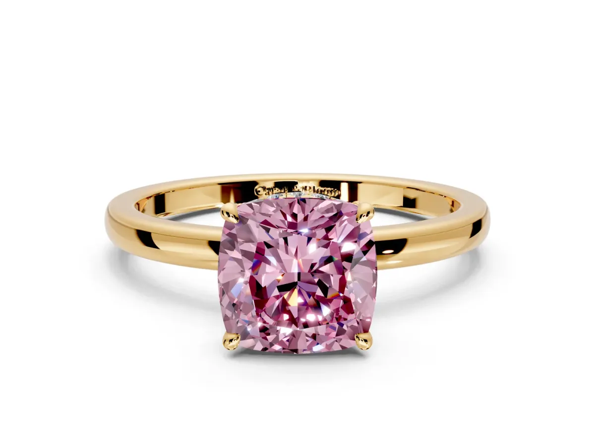 Hidden Halo Engagement Ring Setting for Fancy Pink Cushion Cut Center with Plain Band and Tall Prong Head in Yellow Gold