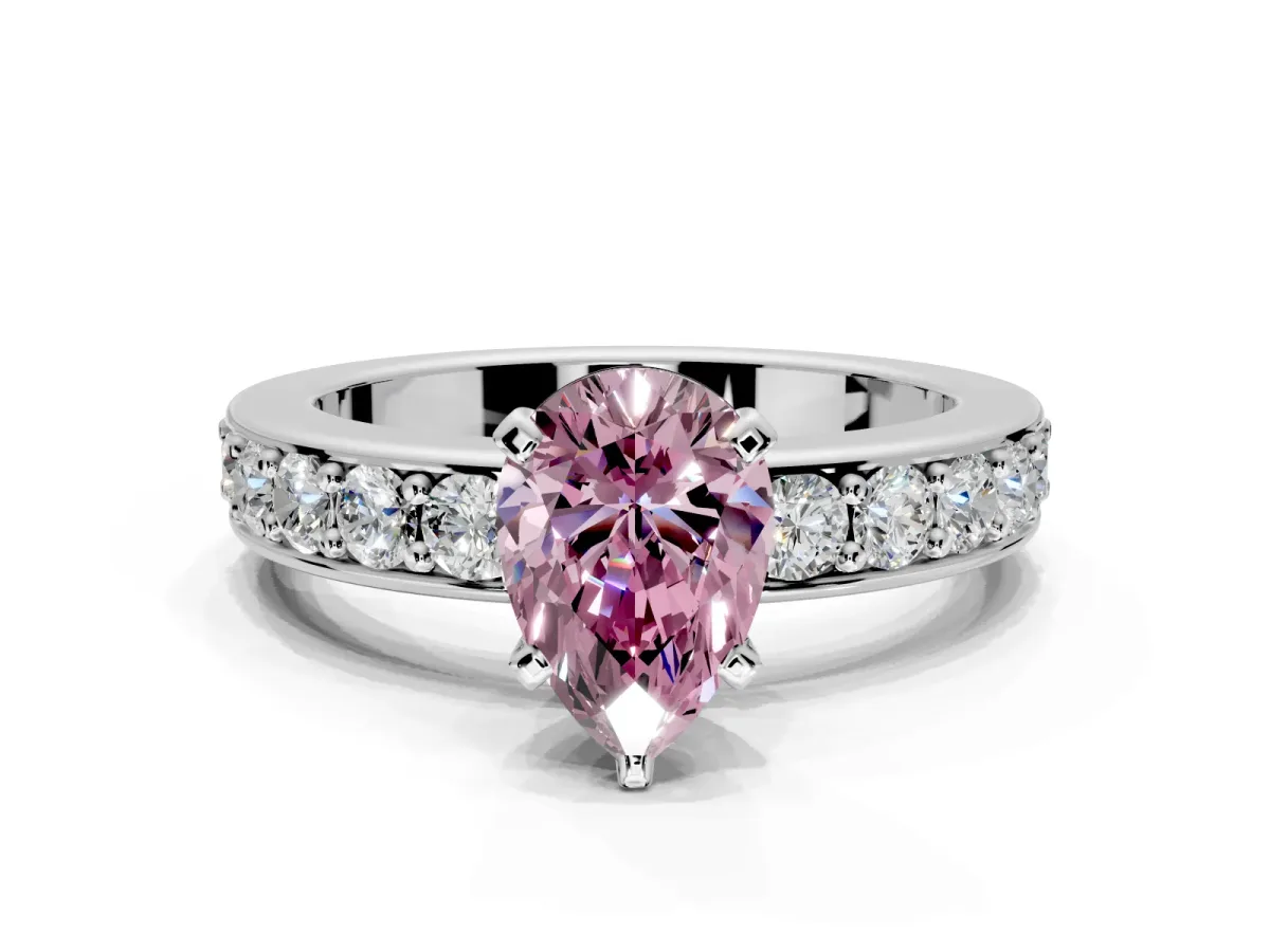 Solitaire Engagement Ring Setting for Fancy Pink Pear-Shaped Center with Channel-Set Accents and Prong Head in Platinum