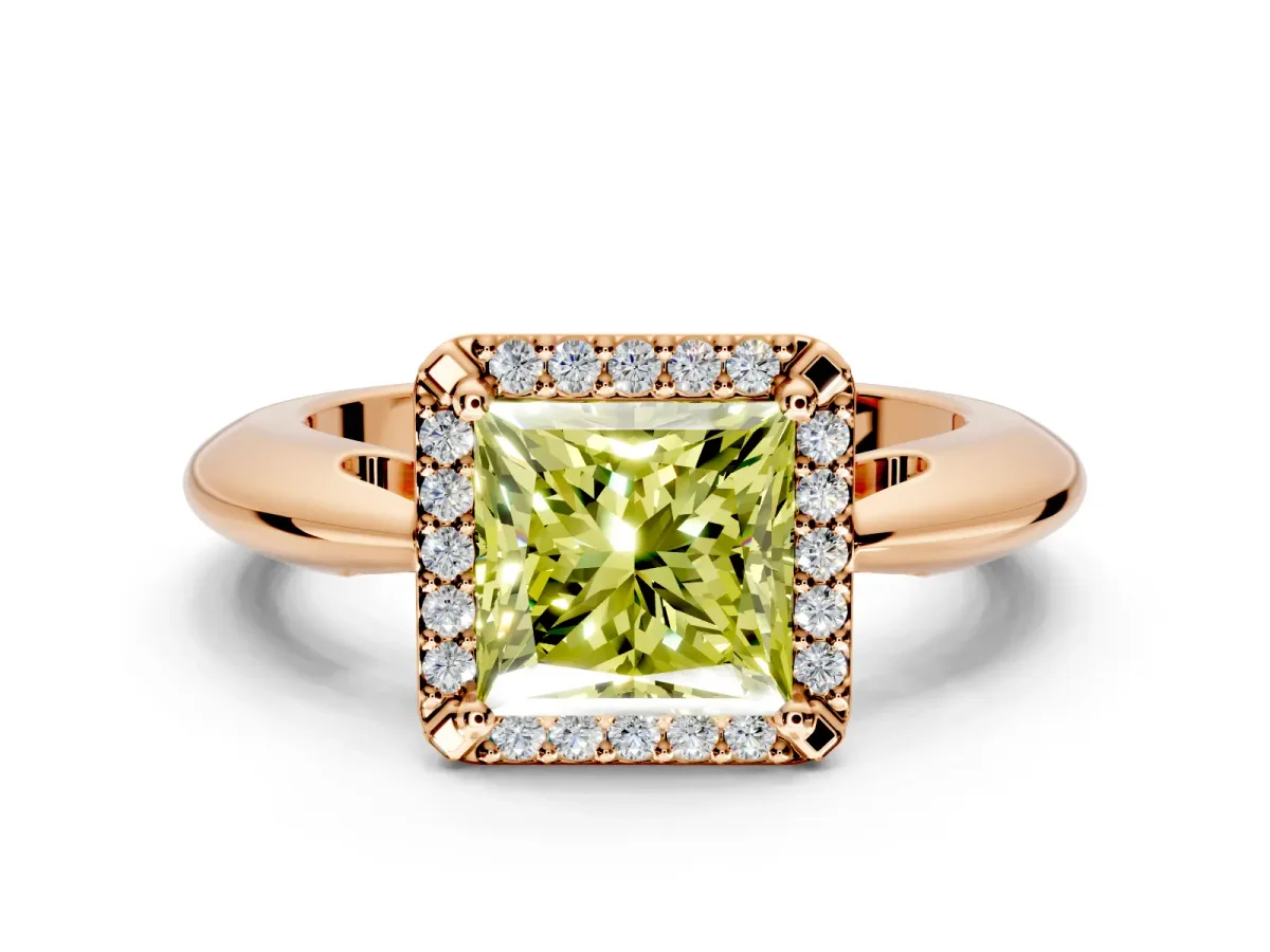 Halo Engagement Ring Setting for Fancy Yellow Princess Cut Center with Tapered Plain Band and Prong Head in Rose Gold