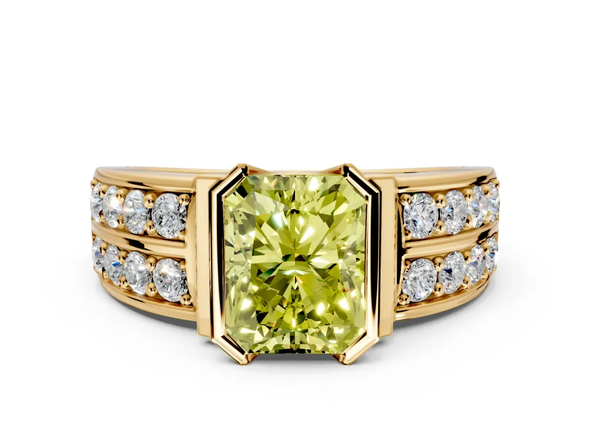 Bezel Engagement Ring Setting for Fancy Yellow Radiant Cut Center with Wide Channel-Set Band and Bezel Head in Yellow Gold