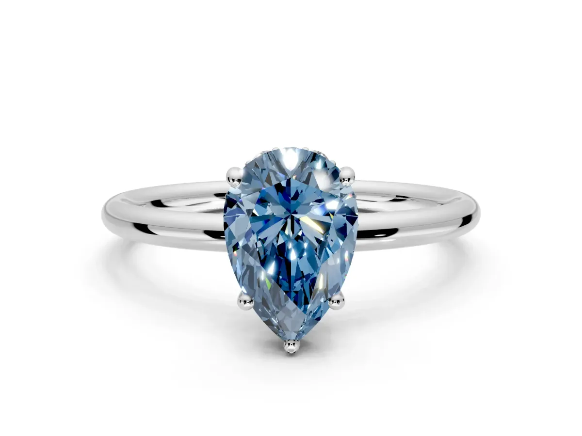 Solitaire Engagement Ring Setting for Fancy Blue Pear-Shaped Center with Plain Band, Open Basket and Prong Head in Platinum
