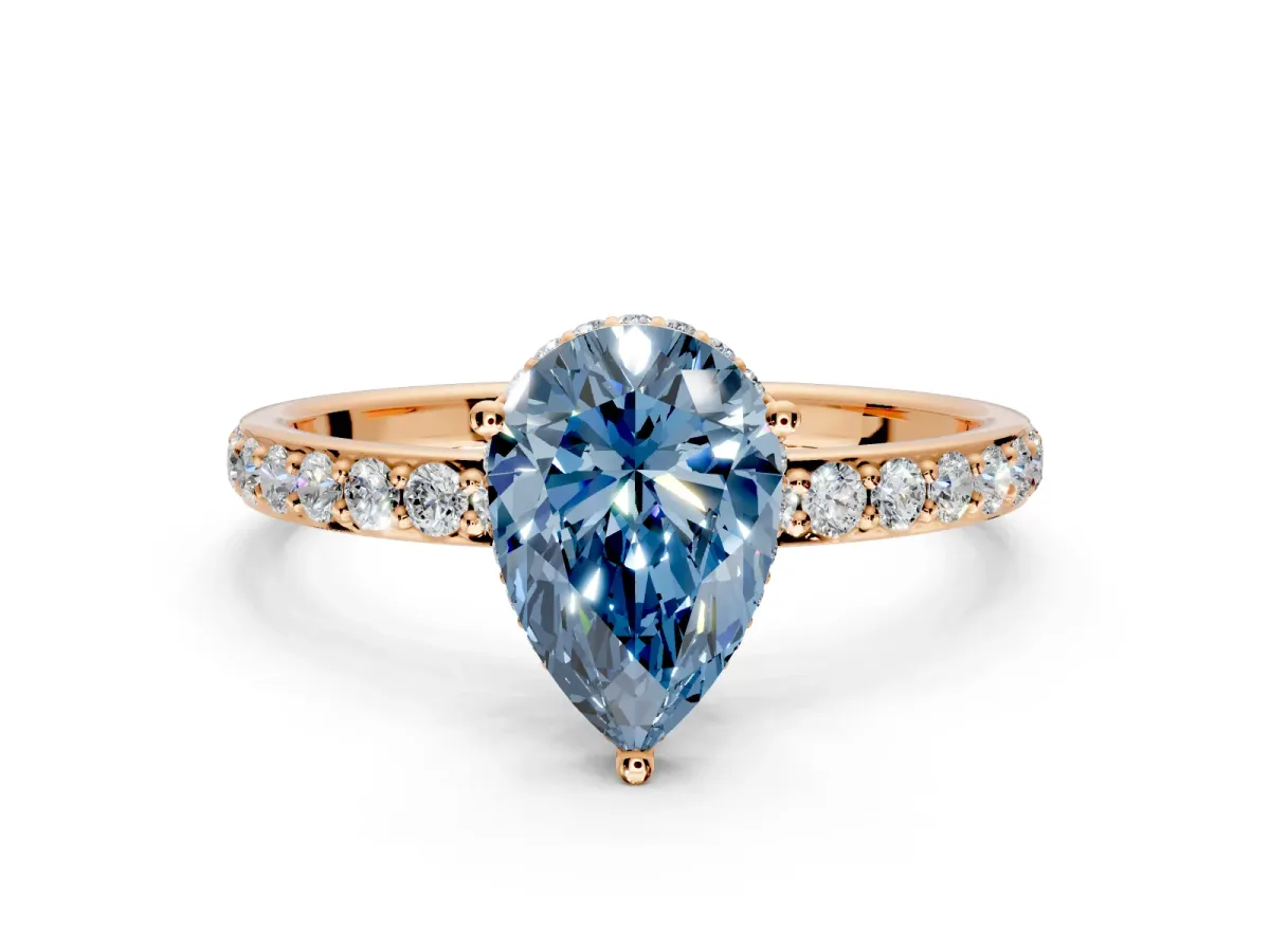 Hidden Halo Engagement Ring Setting for Fancy Blue Pear-Shaped Center with Pave Band and Prong Head in Rose Gold