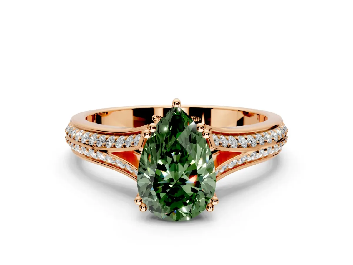 Solitaire Engagement Ring Setting for Fancy Green Pear-Shaped Center with Pave Rail Split Shank and Prong Head in Rose Gold