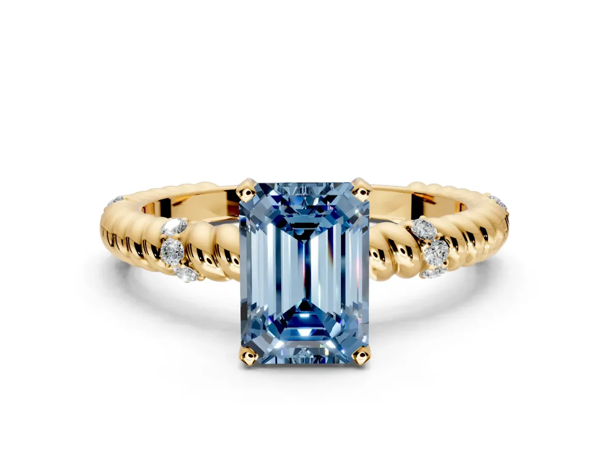 Rope Engagement Ring Setting for Fancy Blue Emerald Cut Center with Accent Shoulders and Prong Head in Yellow Gold
