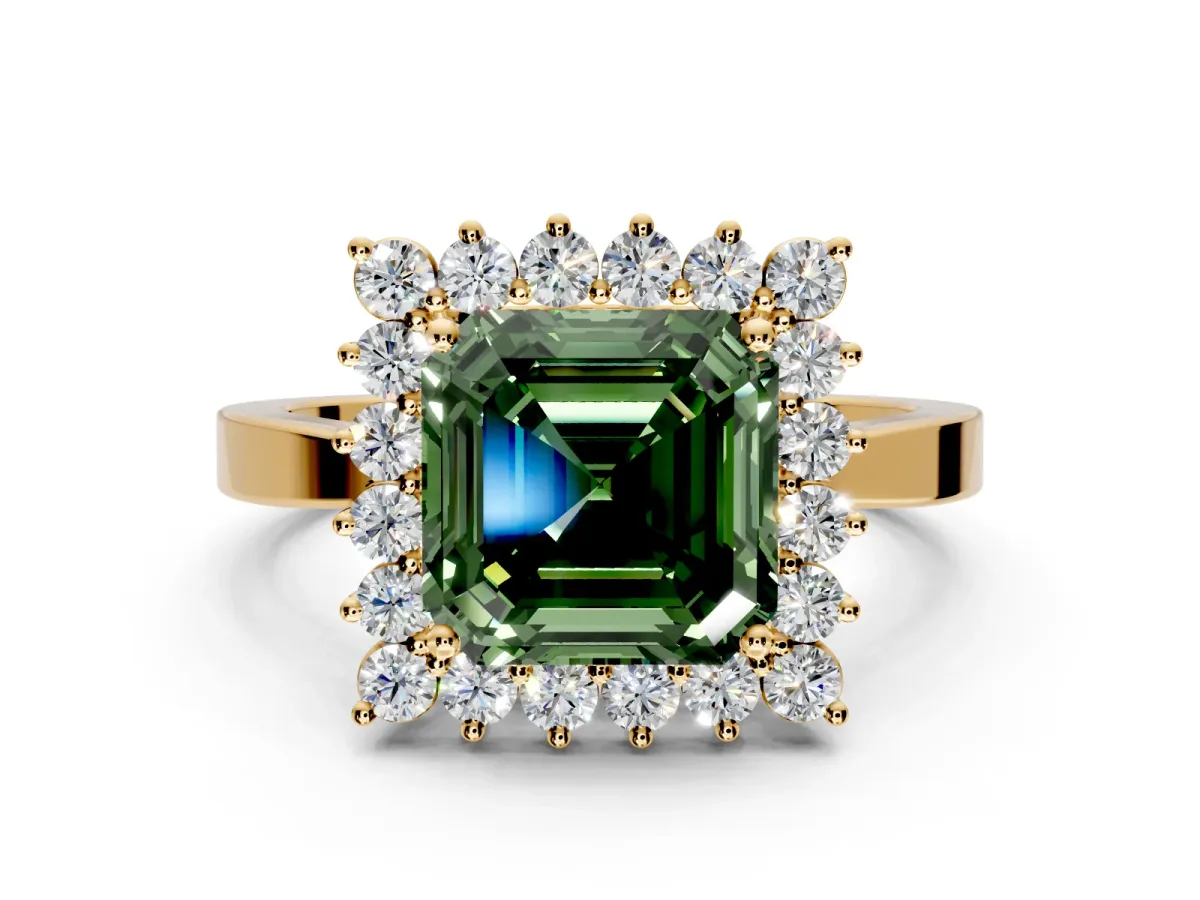 Starburst Halo Engagement Ring Setting for Fancy Green Asscher Cut Center with Flat Cathedral Band and Prong Head in Yellow Gold