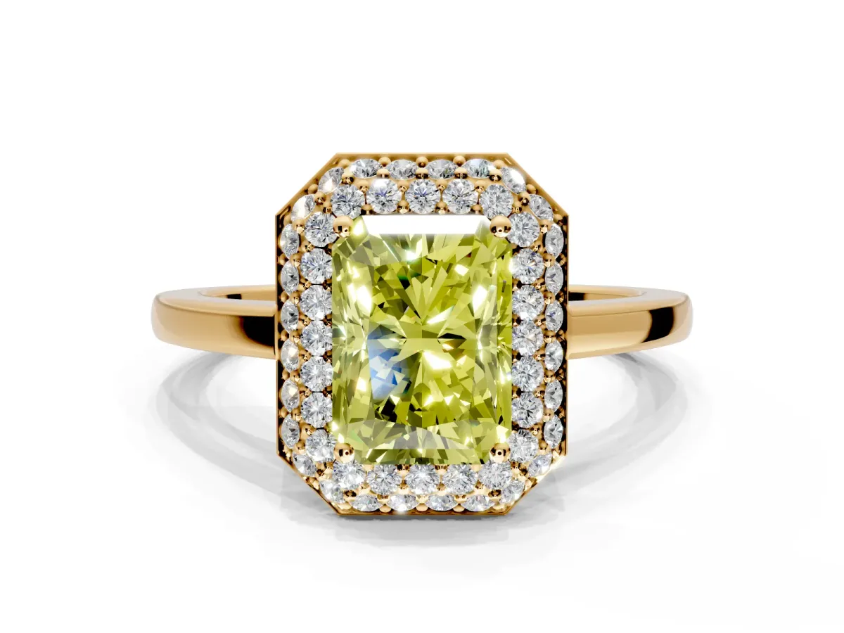 Halo Engagement Ring Setting for Fancy Yellow Radiant Cut Center with Plain Tapered Band and Prong Head in Yellow Gold