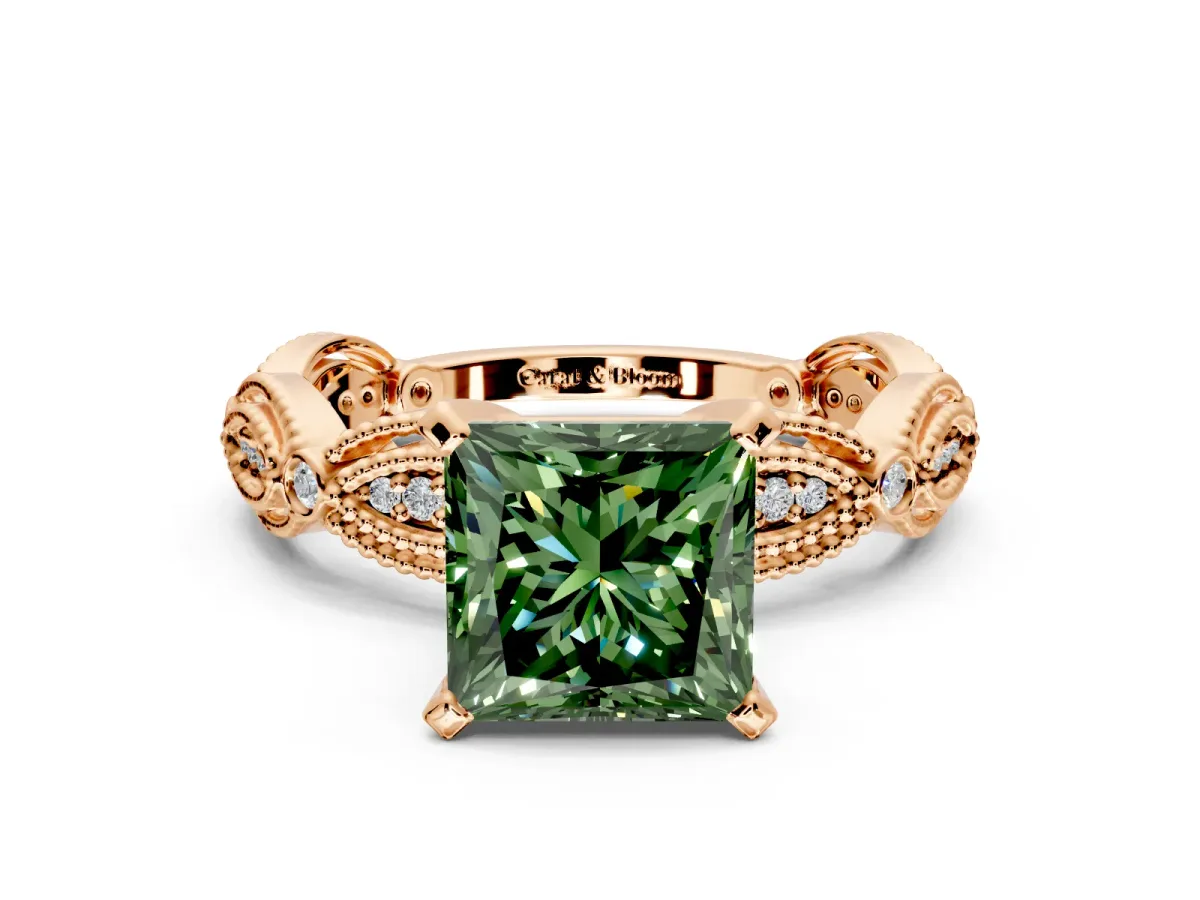Solitaire Engagement Ring Setting for Fancy Green Princess Cut Center with Marquise Panel Band and Prong Head in Rose Gold
