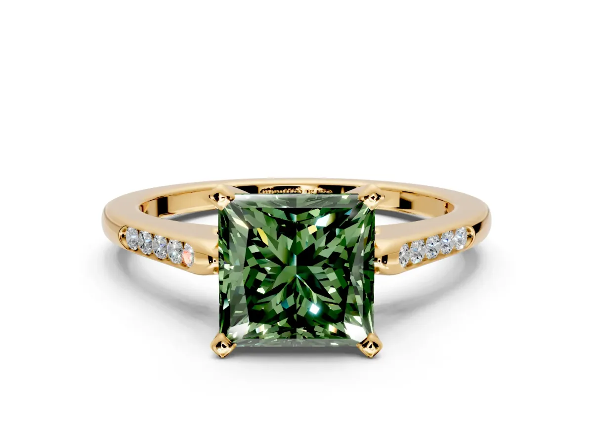Solitaire Engagement Ring Setting for Fancy Green Princess Cut Center with Channel Accents and Prong Head in Yellow Gold