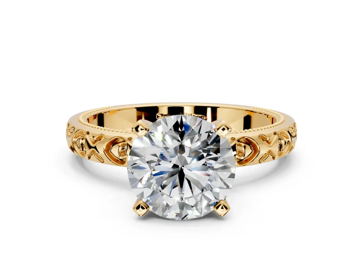 Solitaire Engagement Ring Setting for Round Cut Center with XO Engraved Band and Prong Head in Yellow Gold