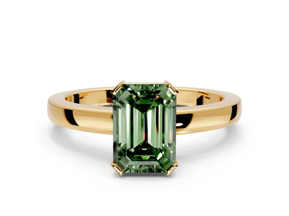 Solitaire Engagement Ring Setting for Fancy Green Emerald Cut Center with Plain Band and Flat Tab Prong Head in Yellow Gold